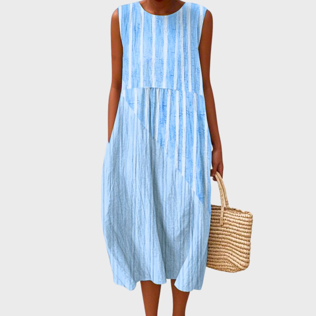 Women's Printed Sleeveless Round-Neck Midi Dress with Tiered Skirt