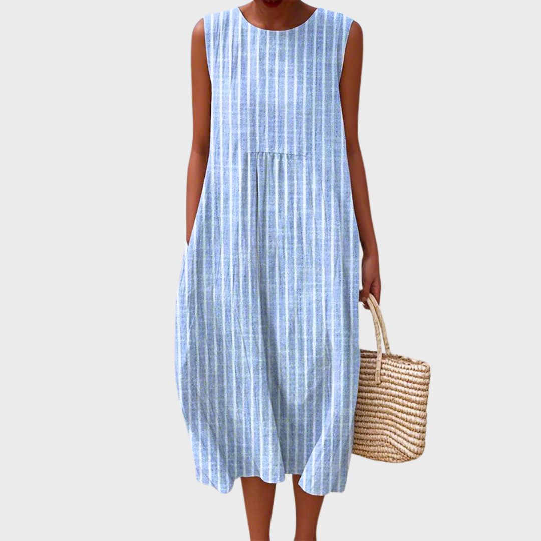 Women's Printed Sleeveless Round-Neck Midi Dress with Tiered Skirt