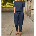Women's Round-Neck Short-Sleeve Blouse and Tapered Trouser Two-Piece Set with Belt