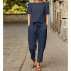 Women's Round-Neck Short-Sleeve Blouse and Tapered Trouser Two-Piece Set with Belt