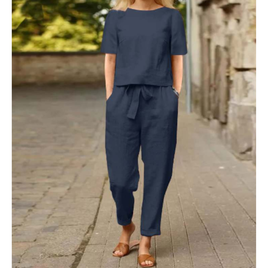 Women's Round-Neck Short-Sleeve Blouse and Tapered Trouser Two-Piece Set with Belt
