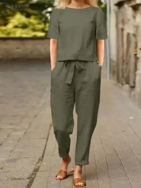 Women's Round-Neck Short-Sleeve Blouse and Tapered Trouser Two-Piece Set with Belt