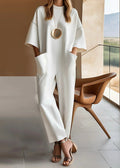 Women's Round-Neck Short-Sleeve Oversized Jumpsuit with Patch Pockets