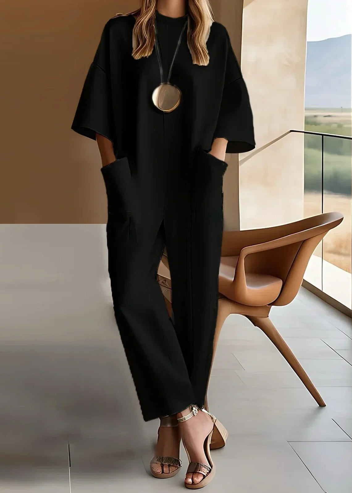 Women's Round-Neck Short-Sleeve Oversized Jumpsuit with Patch Pockets