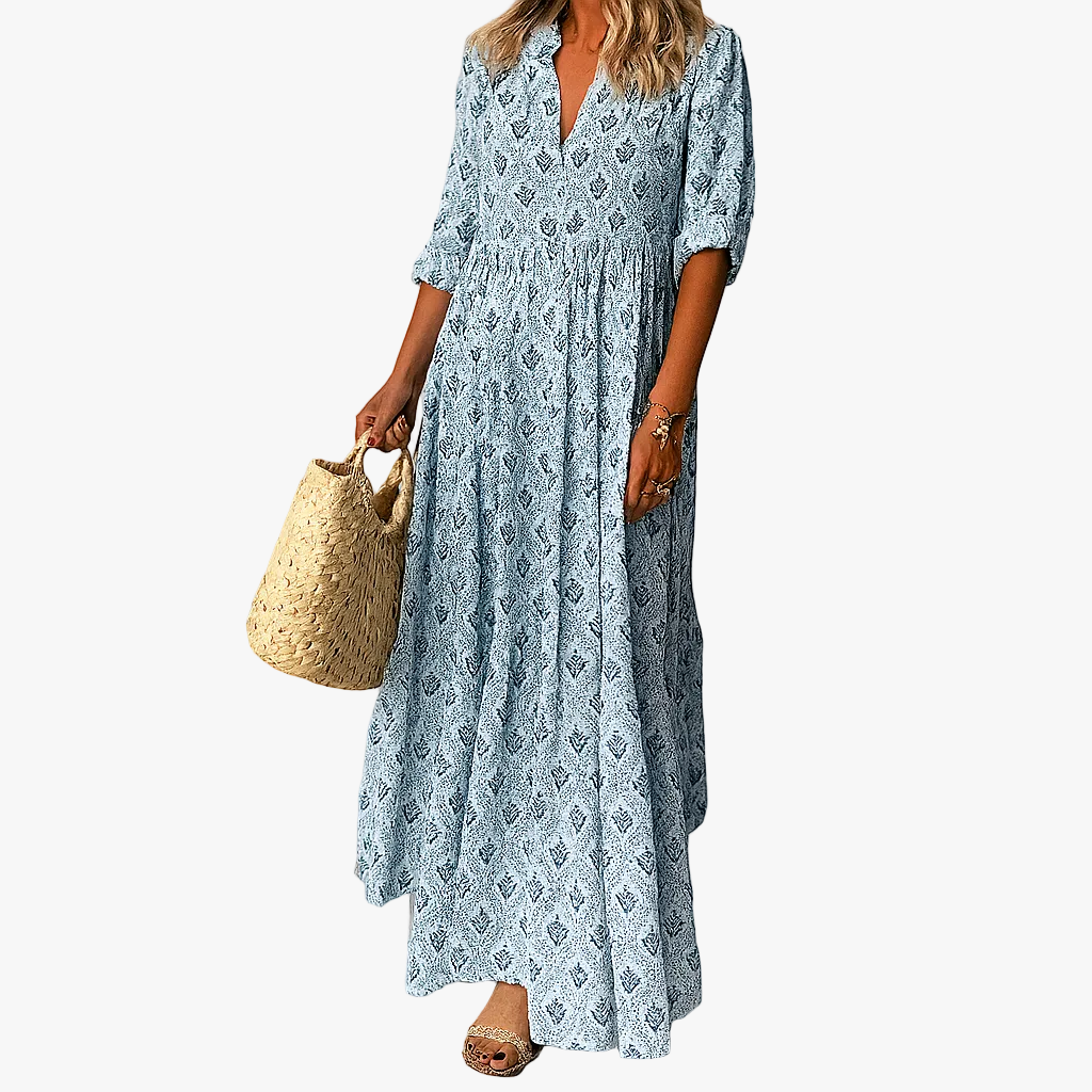Women's Smocked-Waist Boho Print V-Neck Three-Quarter Sleeve Maxi Dress