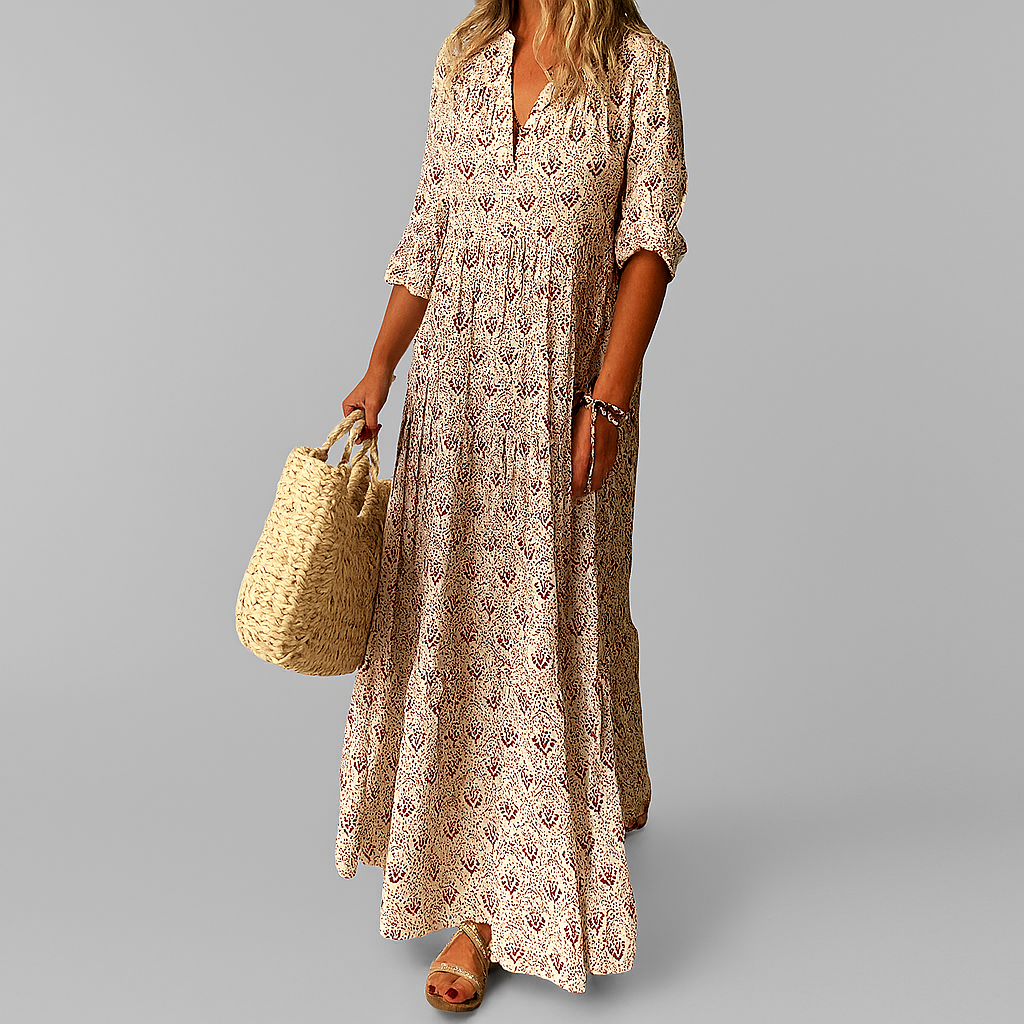 Women's Smocked-Waist Boho Print V-Neck Three-Quarter Sleeve Maxi Dress