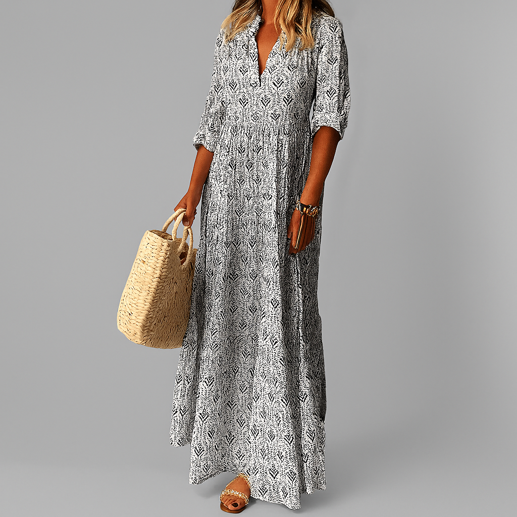 Women's Smocked-Waist Boho Print V-Neck Three-Quarter Sleeve Maxi Dress