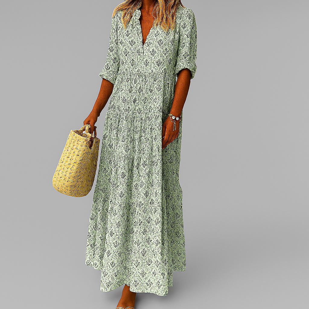 Women's Smocked-Waist Boho Print V-Neck Three-Quarter Sleeve Maxi Dress
