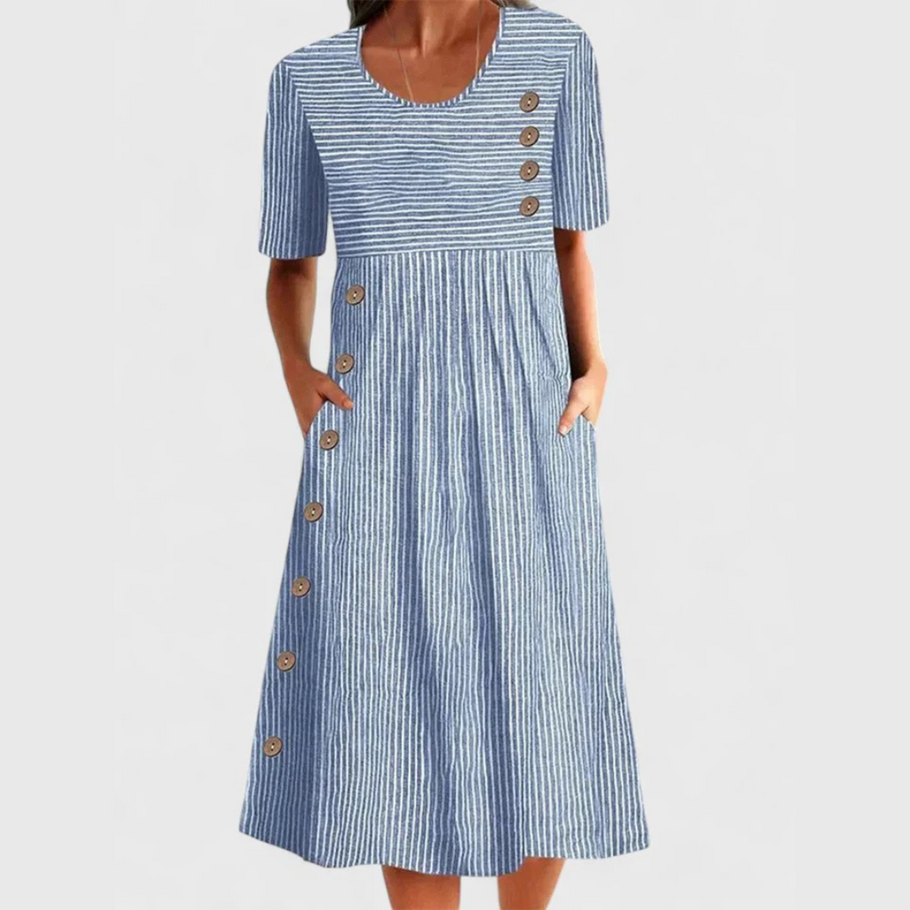 Women's Striped Short-Sleeve Midi Dress with Button Detail and Pockets