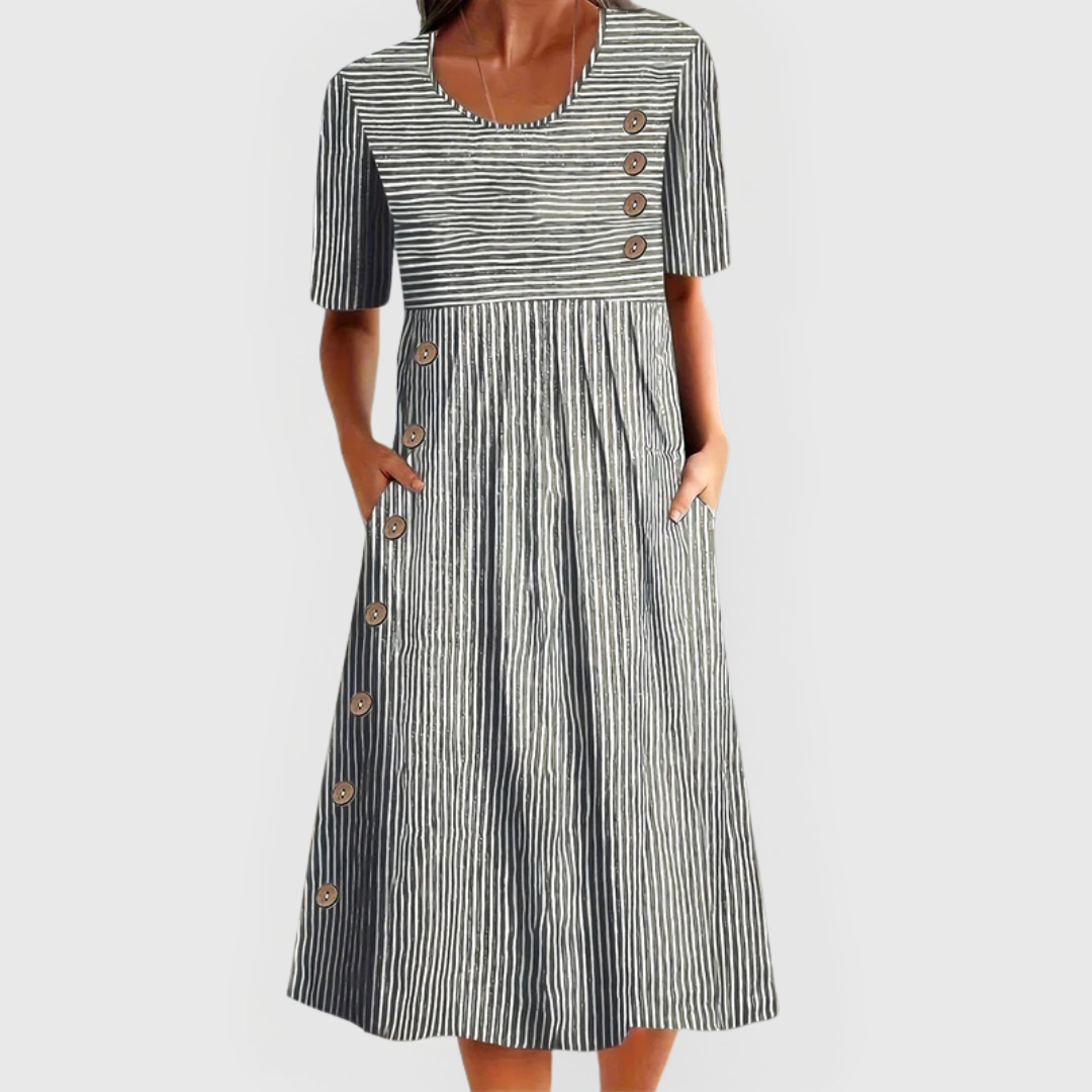 Women's Striped Short-Sleeve Midi Dress with Button Detail and Pockets