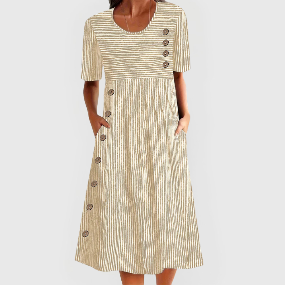 Women's Striped Short-Sleeve Midi Dress with Button Detail and Pockets