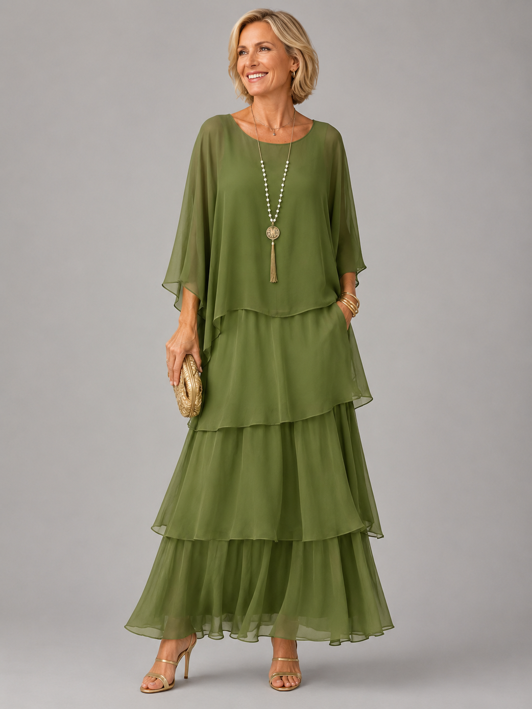 Women's Tiered Cape-Sleeve Loose Maxi Dress
