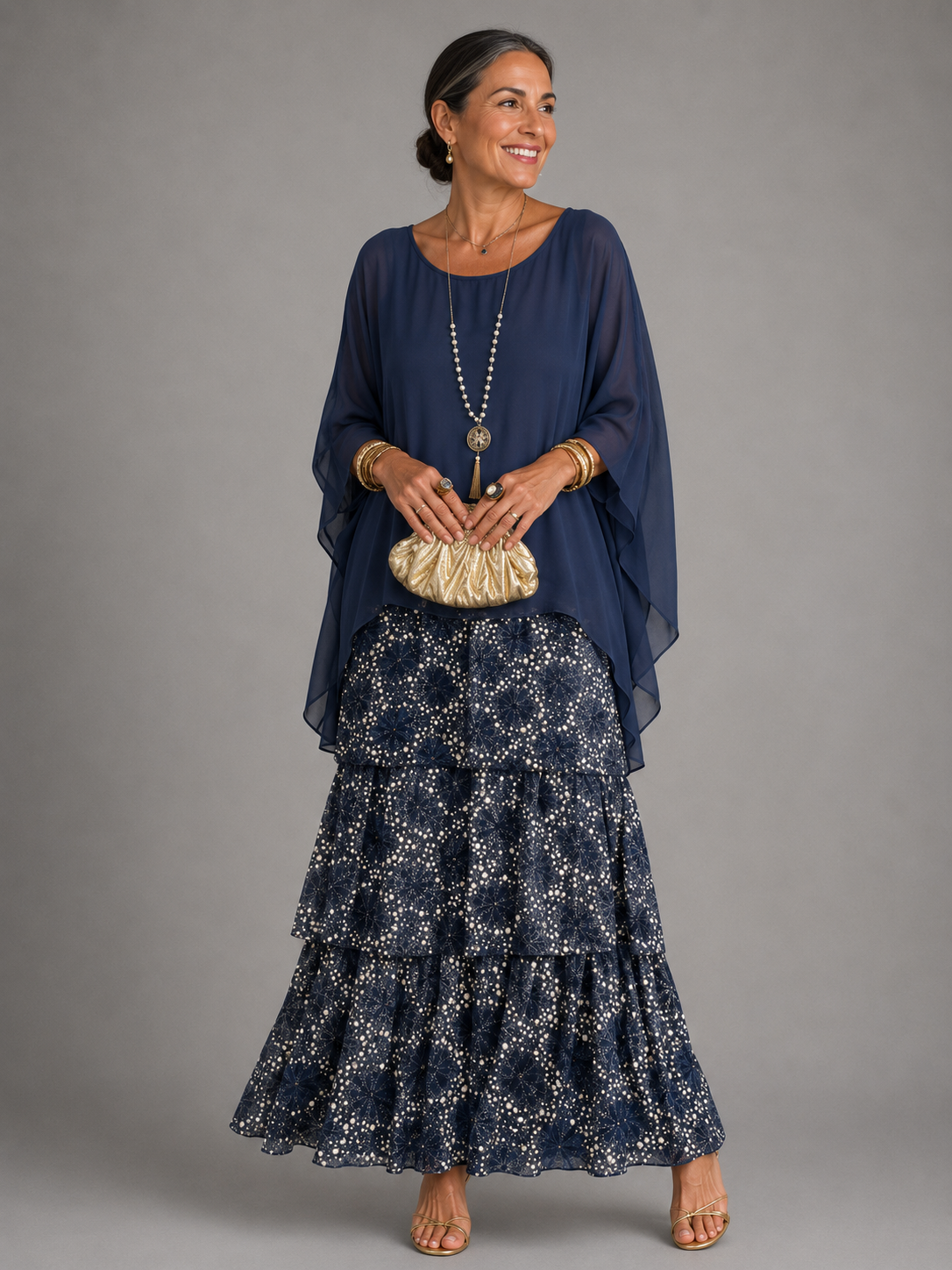 Women's Tiered Cape-Sleeve Loose Maxi Dress