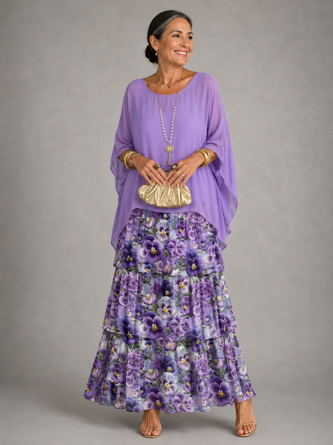 Women's Tiered Cape-Sleeve Loose Maxi Dress