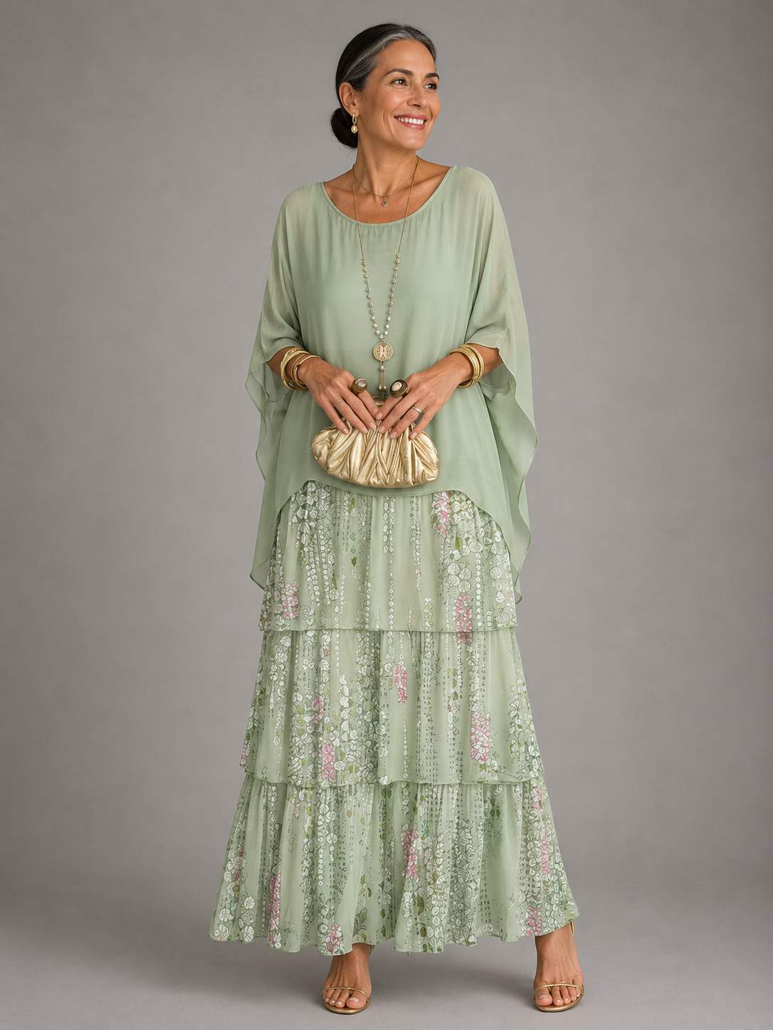 Women's Tiered Cape-Sleeve Loose Maxi Dress
