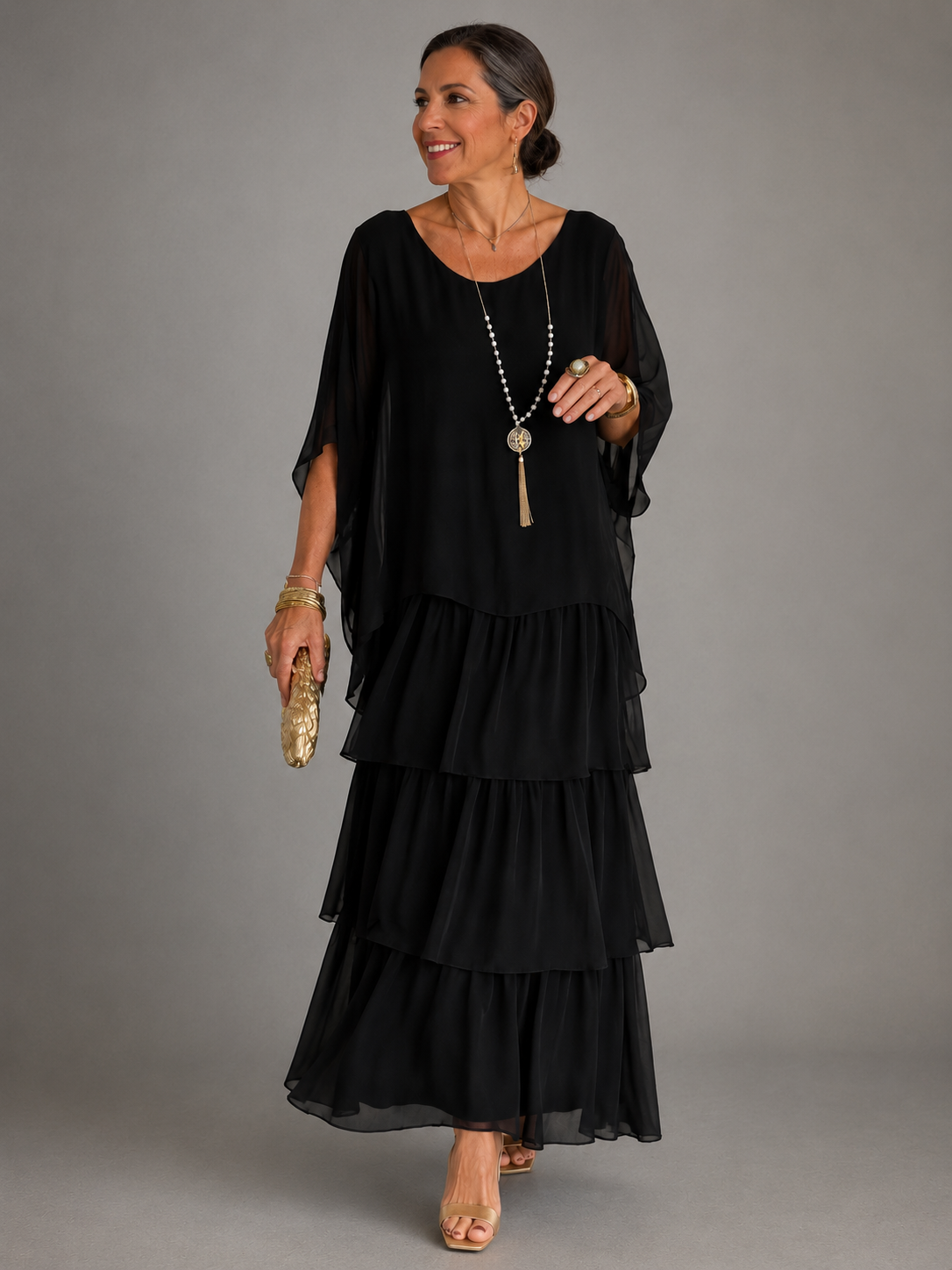 Women's Tiered Cape-Sleeve Loose Maxi Dress