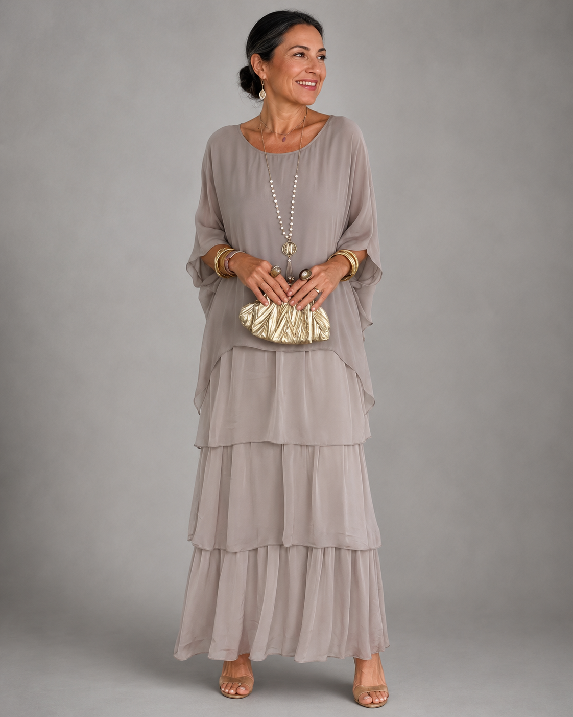 Women's Tiered Cape-Sleeve Loose Maxi Dress