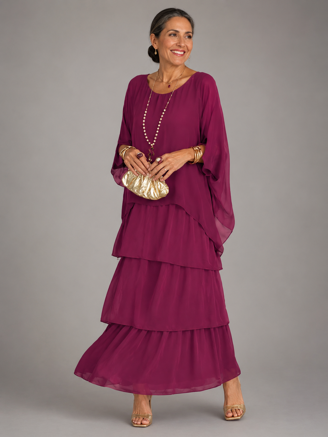 Women's Tiered Cape-Sleeve Loose Maxi Dress