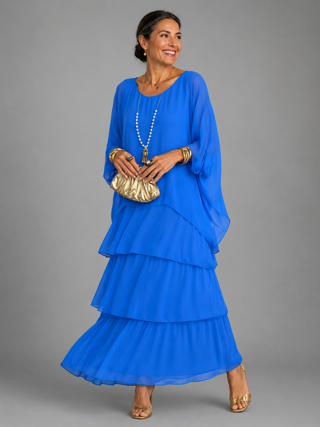Women's Tiered Cape-Sleeve Loose Maxi Dress