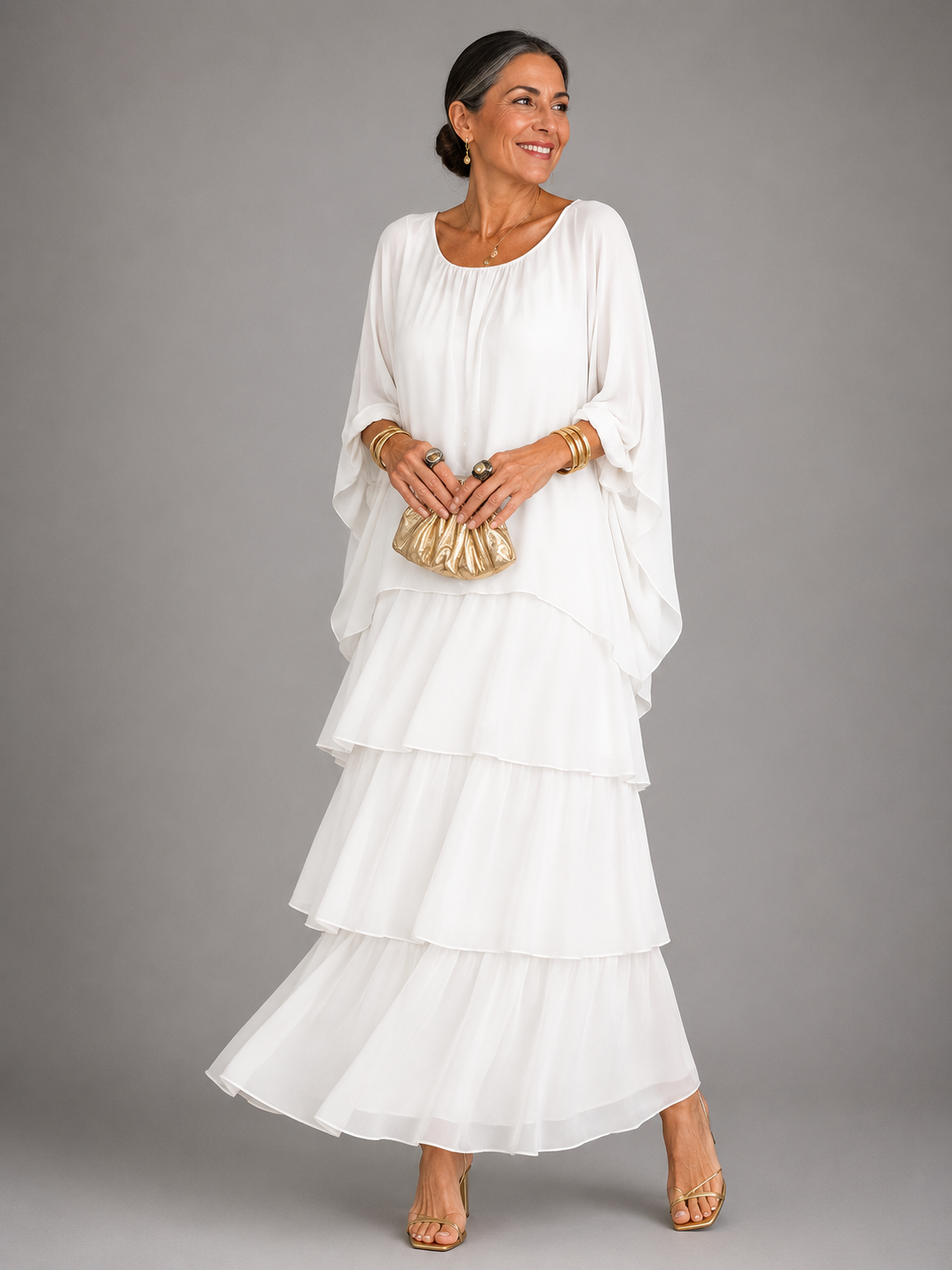 Women's Tiered Cape-Sleeve Loose Maxi Dress