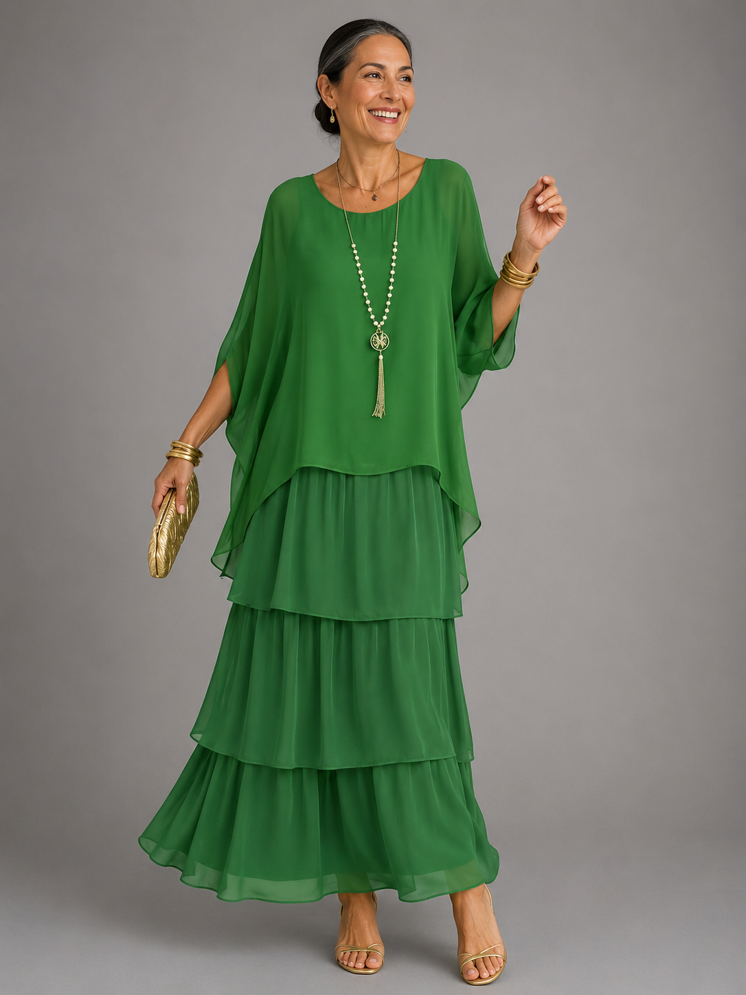 Women's Tiered Cape-Sleeve Loose Maxi Dress