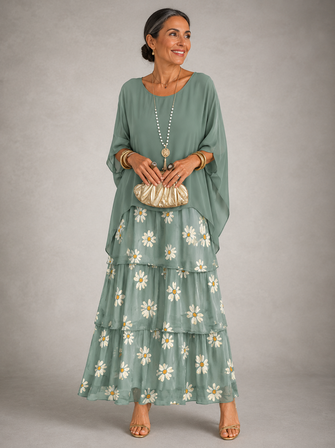 Women's Tiered Cape-Sleeve Loose Maxi Dress