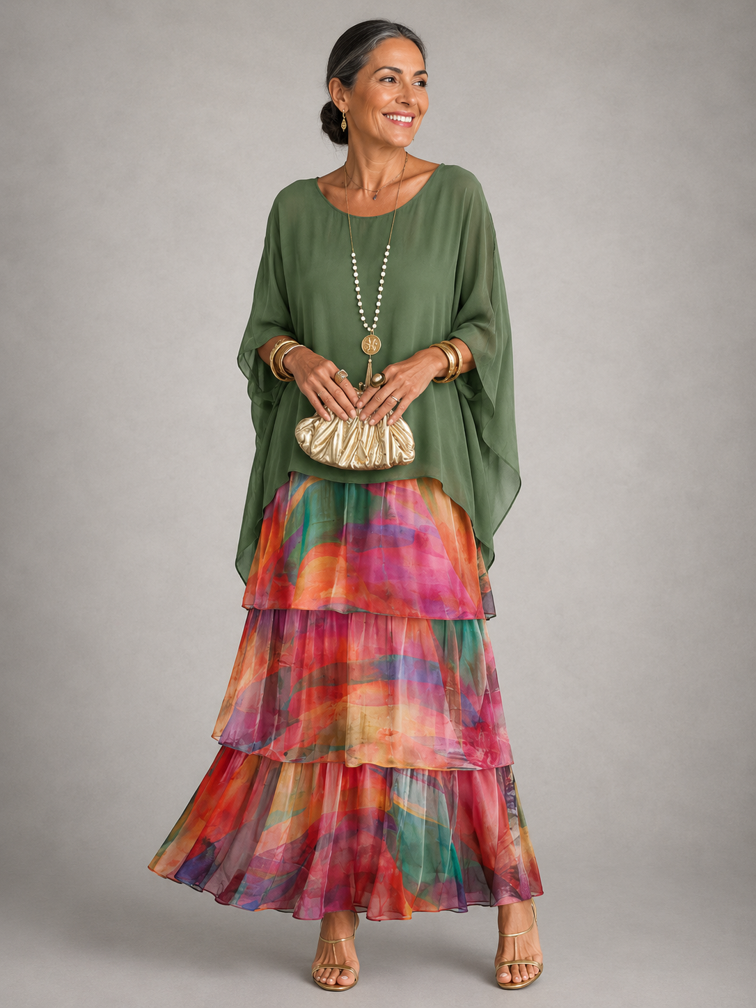 Women's Tiered Cape-Sleeve Loose Maxi Dress