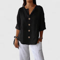 Women's V-Neck Button-Front Blouse with Three-Quarter Sleeves