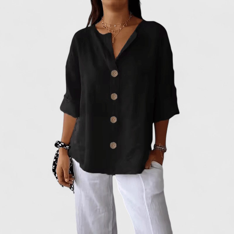 Women's V-Neck Button-Front Blouse with Three-Quarter Sleeves