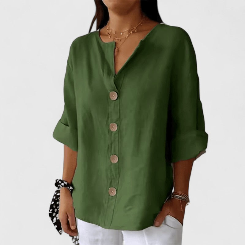Women's V-Neck Button-Front Blouse with Three-Quarter Sleeves
