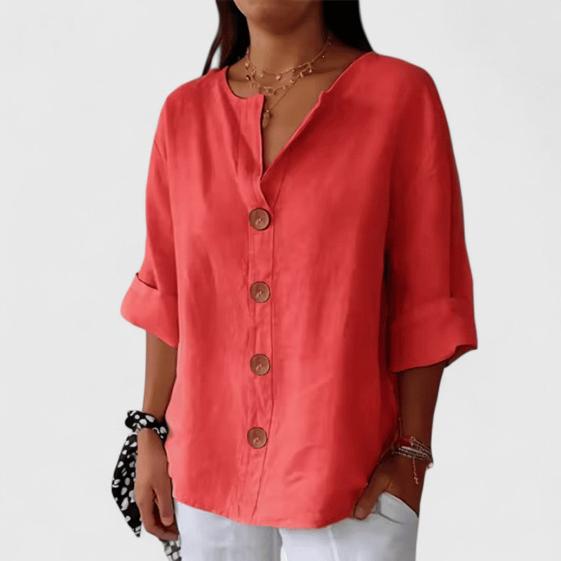 Women's V-Neck Button-Front Blouse with Three-Quarter Sleeves