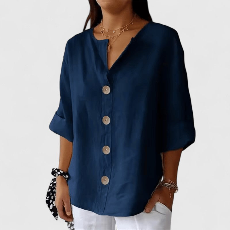 Women's V-Neck Button-Front Blouse with Three-Quarter Sleeves