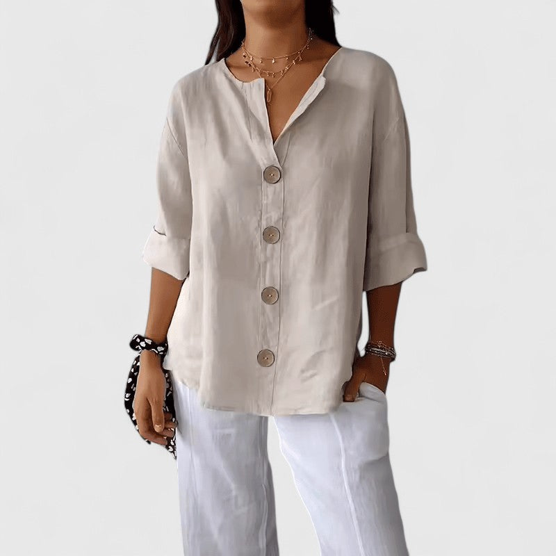 Women's V-Neck Button-Front Blouse with Three-Quarter Sleeves