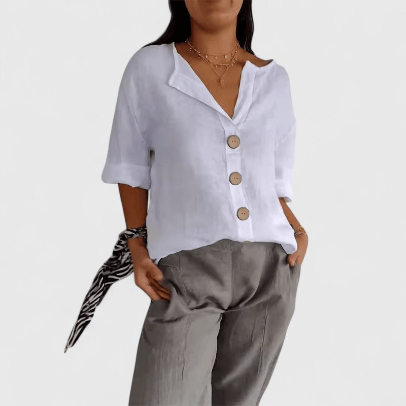 Women's V-Neck Button-Front Blouse with Three-Quarter Sleeves