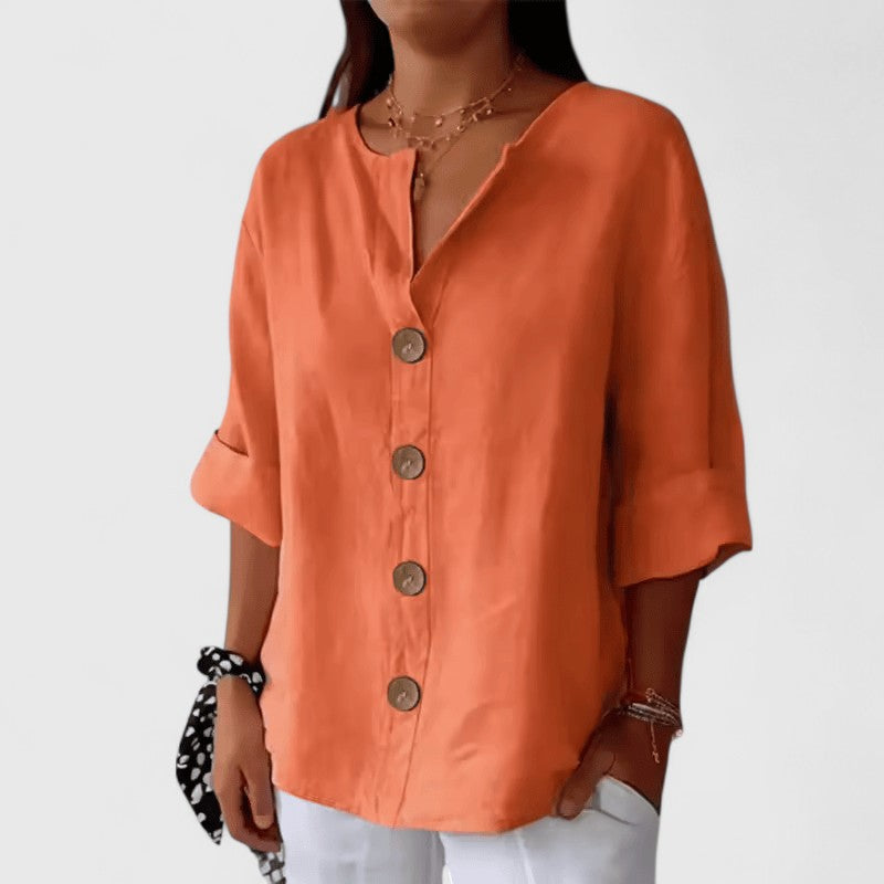 Women's V-Neck Button-Front Blouse with Three-Quarter Sleeves