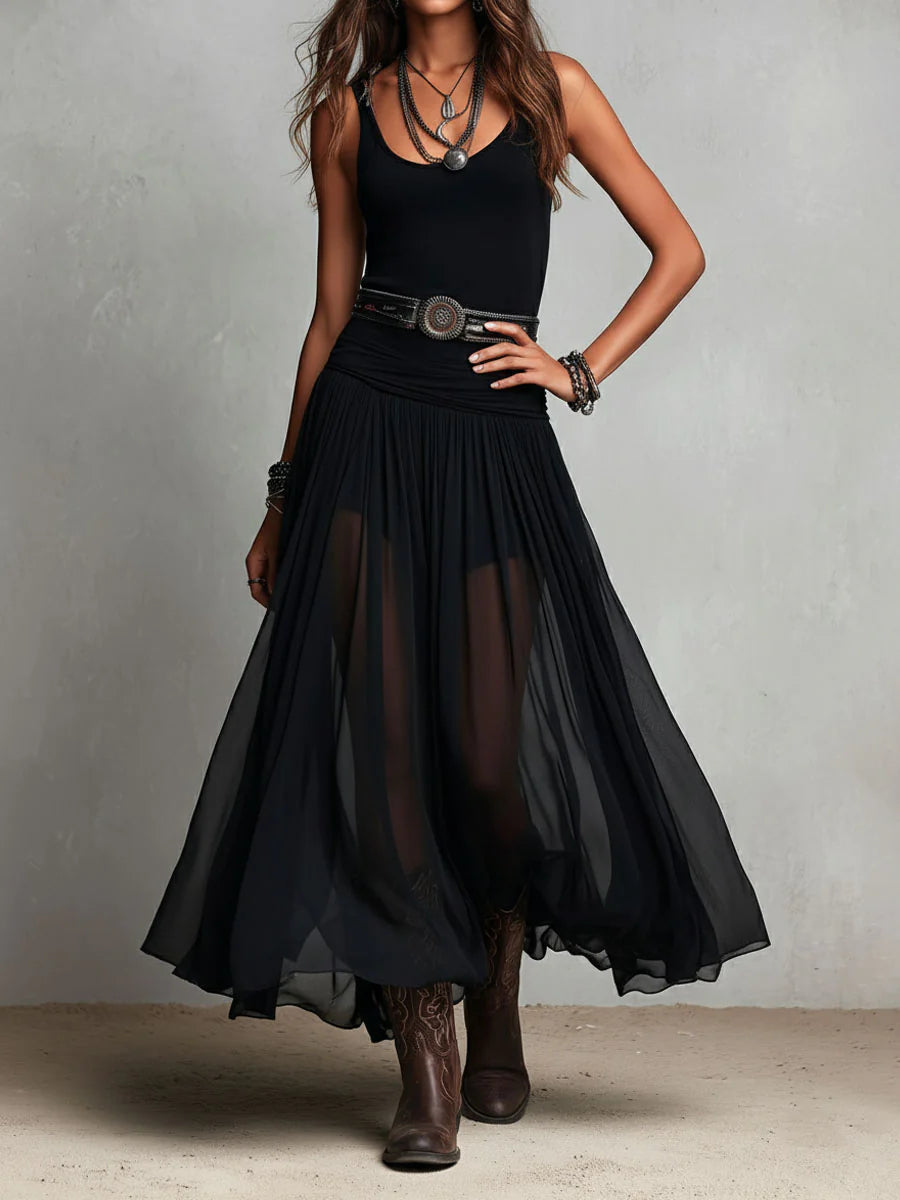 Women's V-Neck Sleeveless Tank Top and Sheer Tulle Maxi Skirt Two-Piece Set