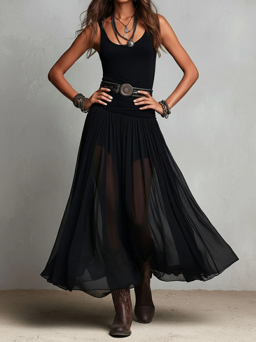 Women's V-Neck Sleeveless Tank Top and Sheer Tulle Maxi Skirt Two-Piece Set