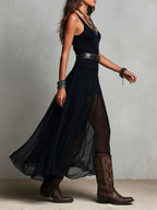 Women's V-Neck Sleeveless Tank Top and Sheer Tulle Maxi Skirt Two-Piece Set