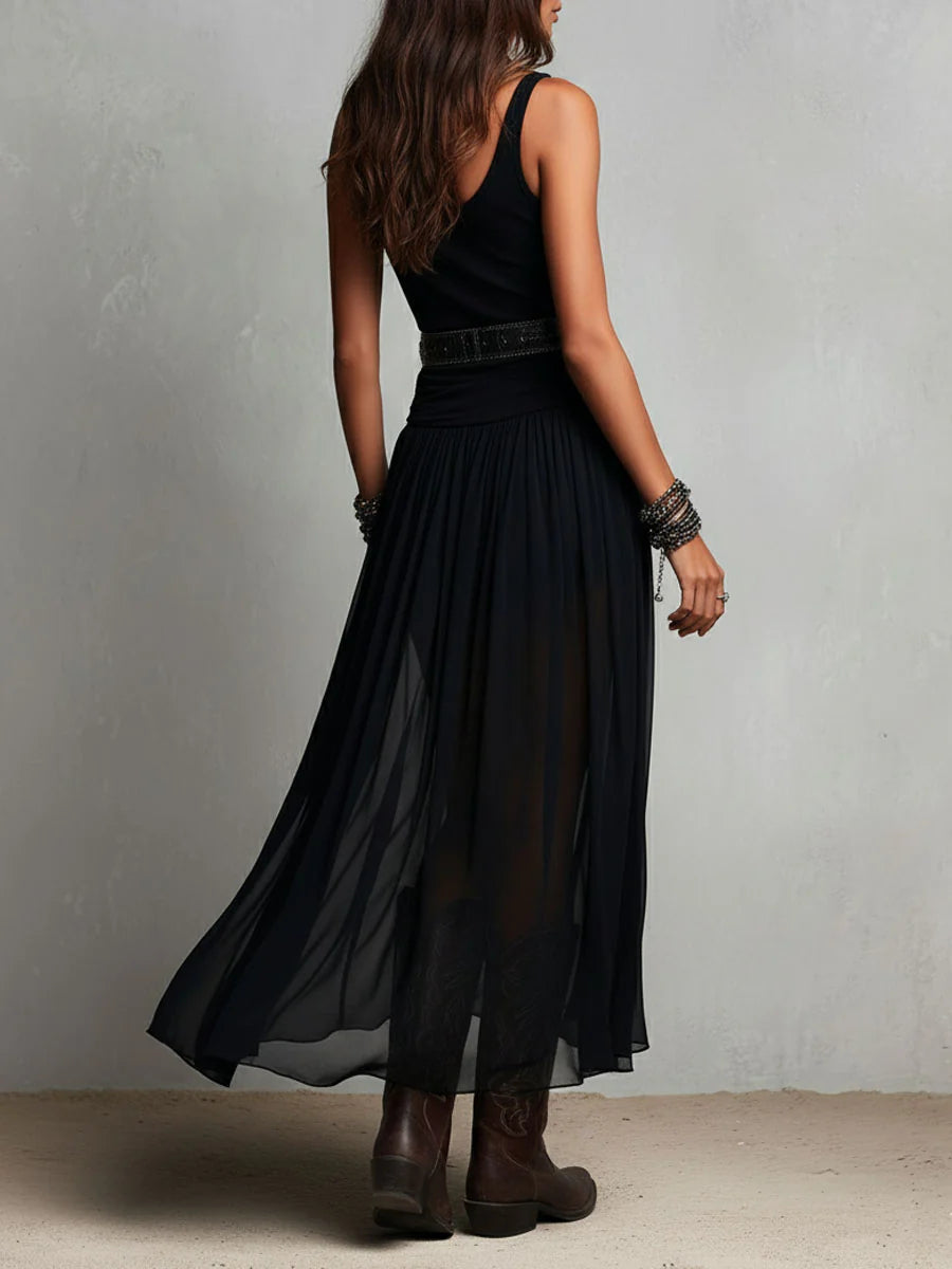 Women's V-Neck Sleeveless Tank Top and Sheer Tulle Maxi Skirt Two-Piece Set