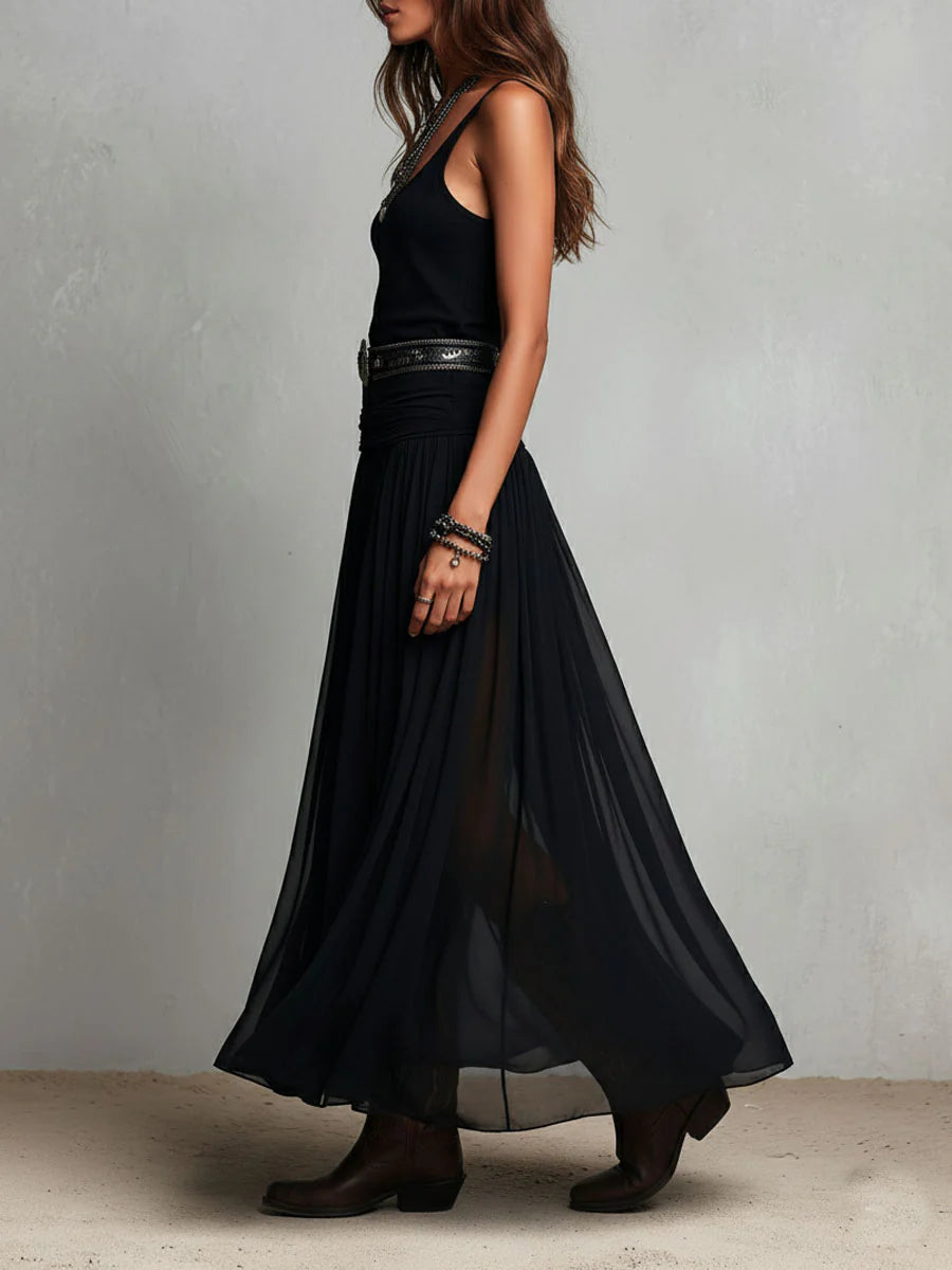 Women's V-Neck Sleeveless Tank Top and Sheer Tulle Maxi Skirt Two-Piece Set