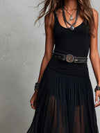 Women's V-Neck Sleeveless Tank Top and Sheer Tulle Maxi Skirt Two-Piece Set