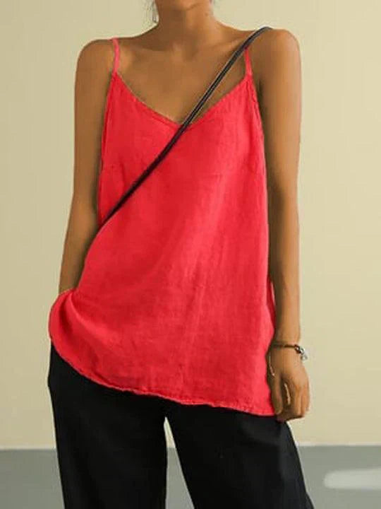 Women's V-Neck Spaghetti Strap Cami Top with Curved Hem