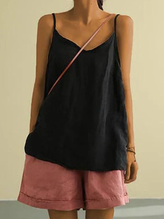 Women's V-Neck Spaghetti Strap Cami Top with Curved Hem