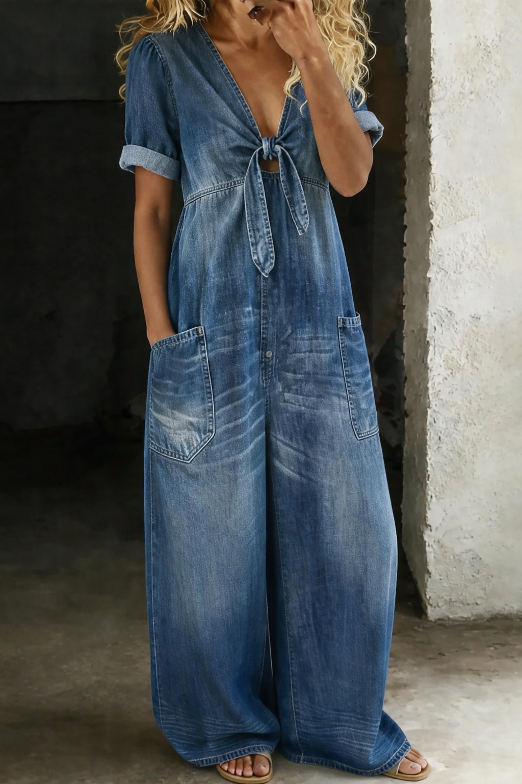 Women's V-Neck Tie-Front Short Sleeve Wide-Leg Jumpsuit with Patch Pockets