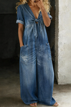 Women's V-Neck Tie-Front Short Sleeve Wide-Leg Jumpsuit with Patch Pockets