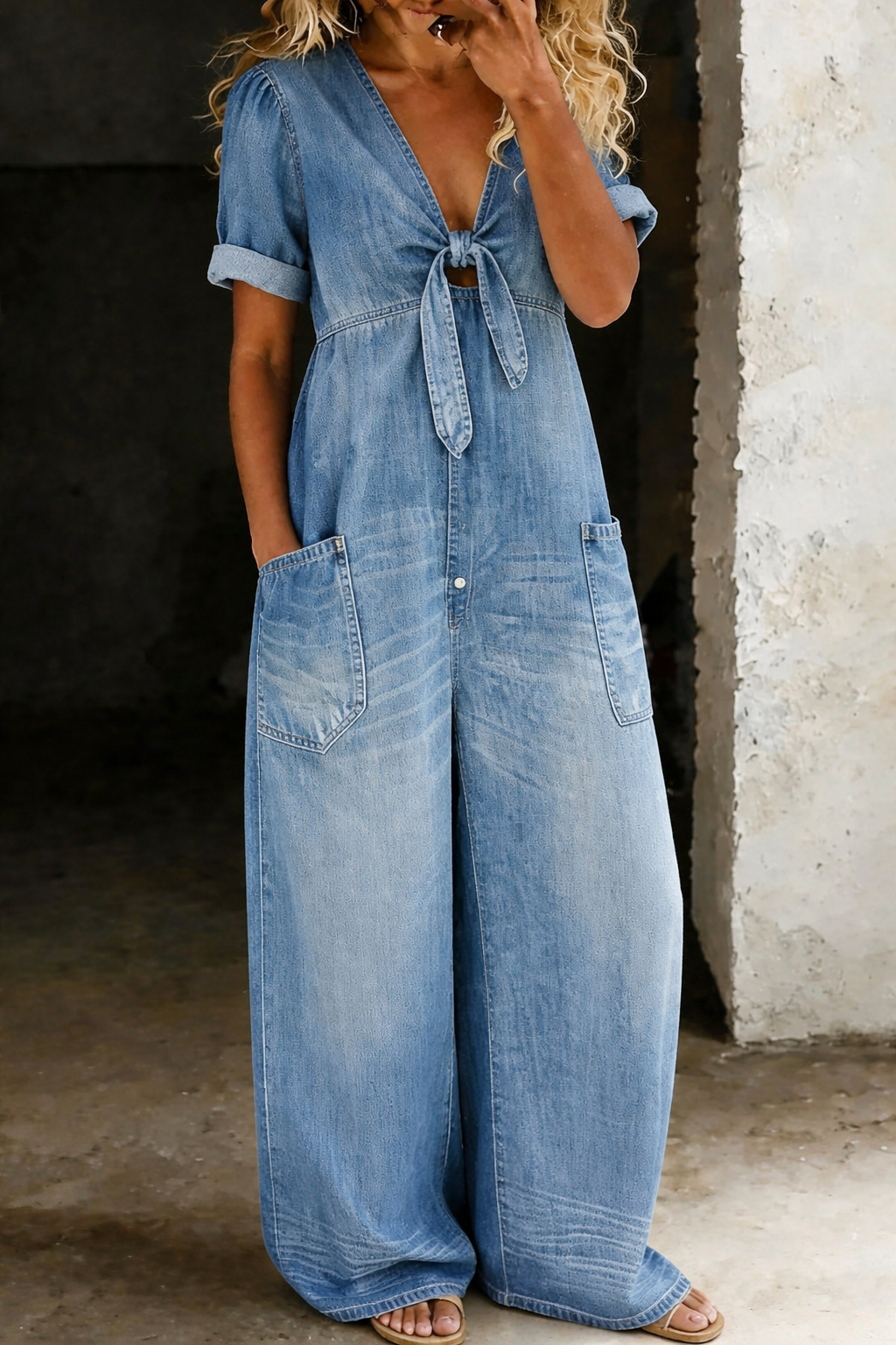 Women's V-Neck Tie-Front Short Sleeve Wide-Leg Jumpsuit with Patch Pockets