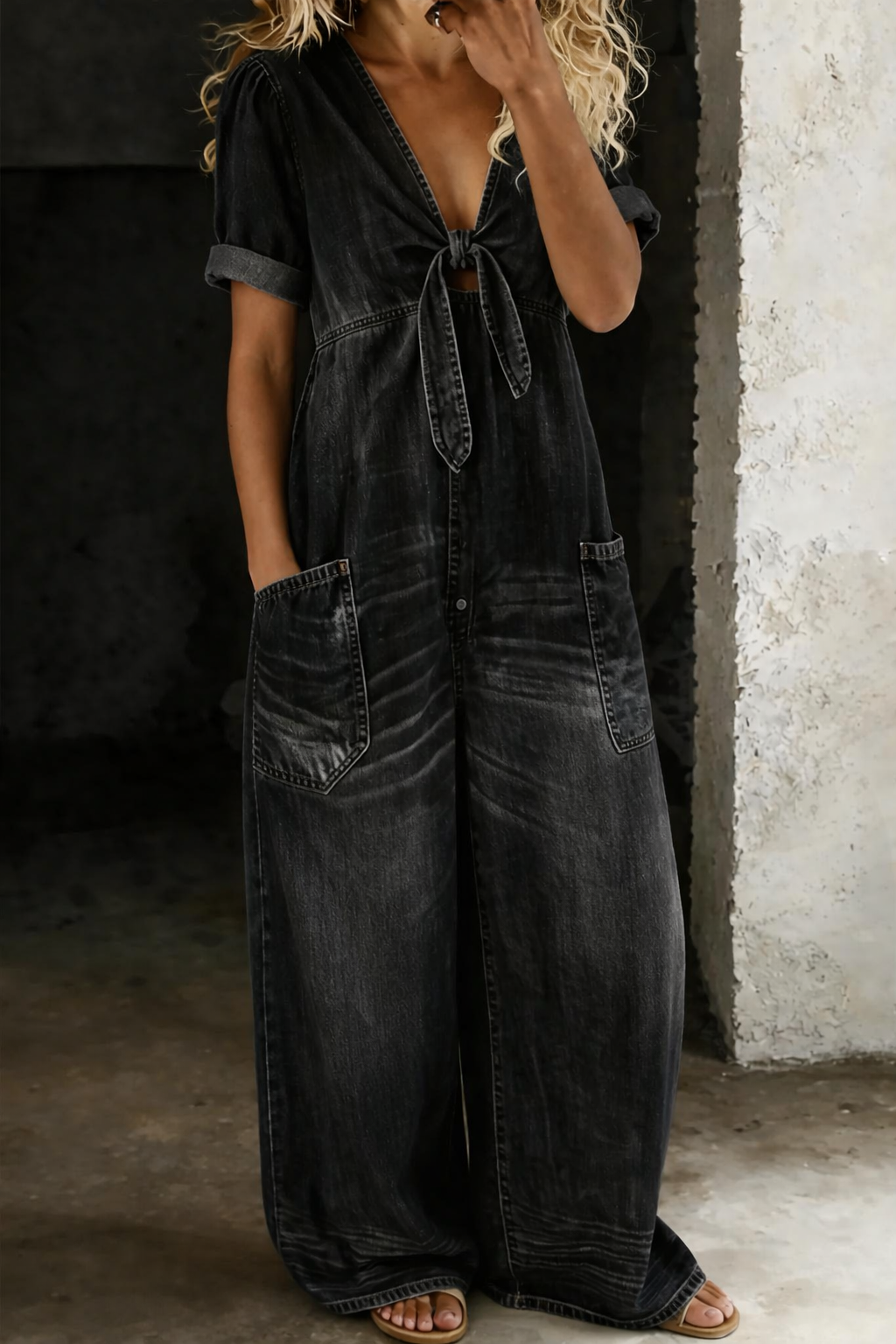Women's V-Neck Tie-Front Short Sleeve Wide-Leg Jumpsuit with Patch Pockets