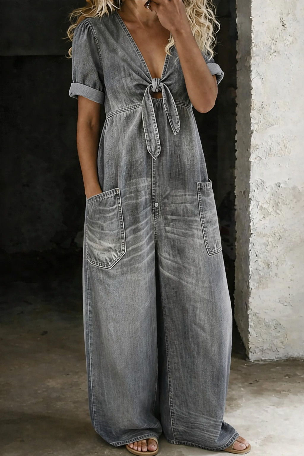 Women's V-Neck Tie-Front Short Sleeve Wide-Leg Jumpsuit with Patch Pockets