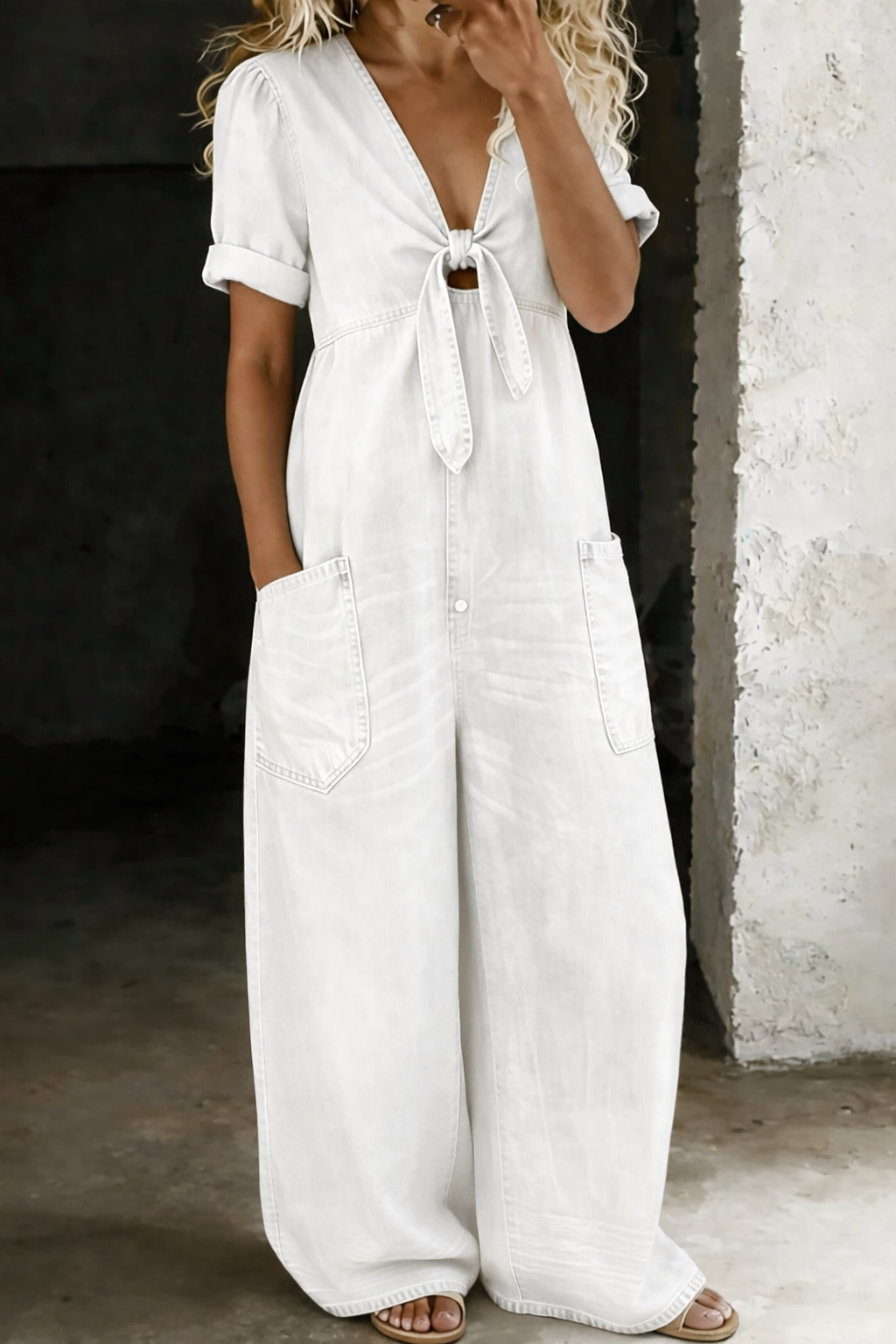Women's V-Neck Tie-Front Short Sleeve Wide-Leg Jumpsuit with Patch Pockets
