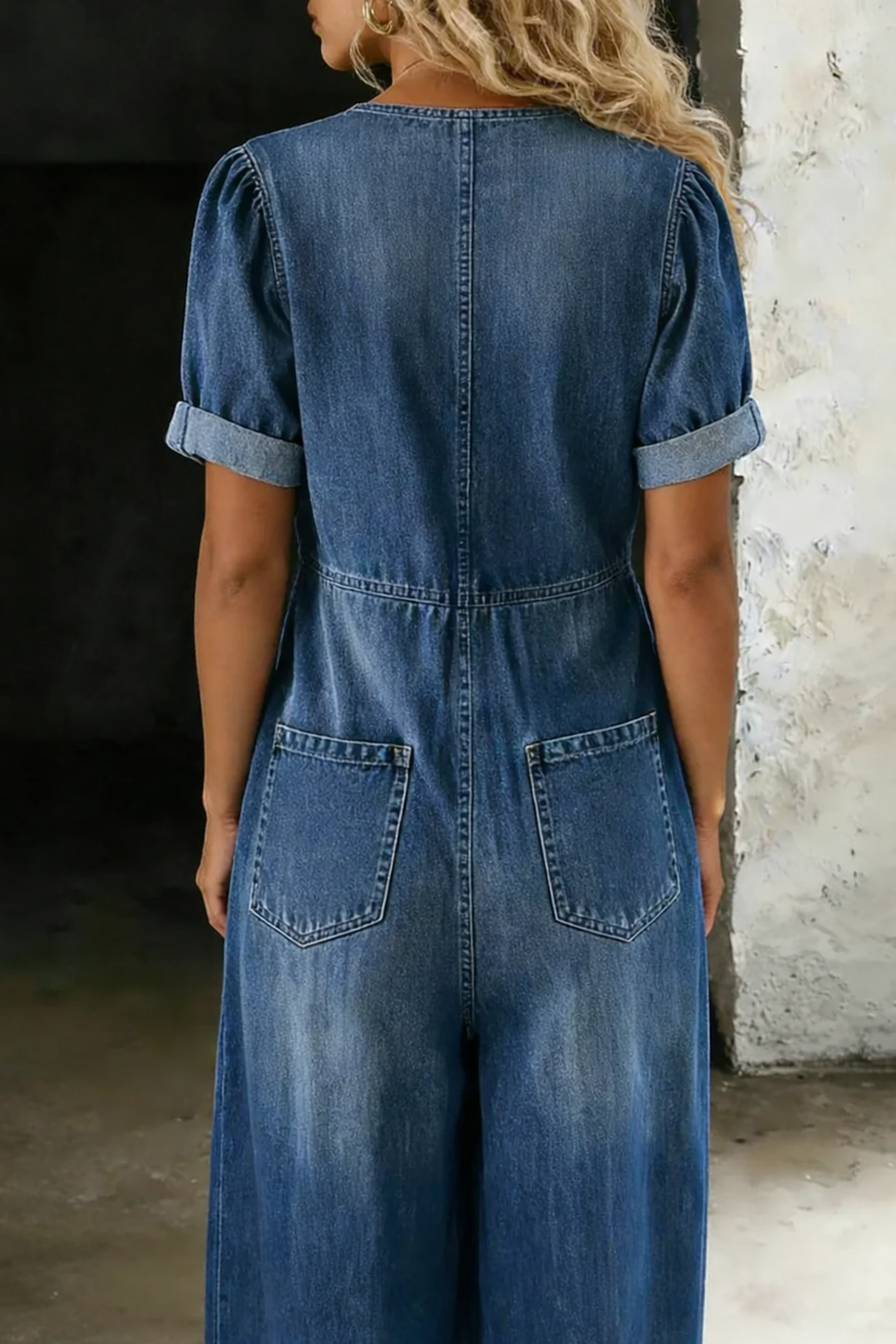 Women's V-Neck Tie-Front Short Sleeve Wide-Leg Jumpsuit with Patch Pockets